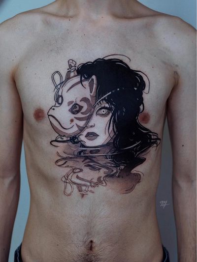 Chest tattoo by Ooqza #Ooqza #torsotattoos #torso #bigtattoo #bigtattoos #bodysuit #chesttattoo #kitsune #mask #lady #ladyhead #reflection #water #coverup