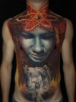 Torso tattoo by Jak Connolly #JakConnolly #torsotattoos #torso #bigtattoo #bigtattoos #bodysuit #realism #realistic #Hyperrealism #face #portrait #forest #chesttattoo #stomachtattoo #hand #water #nature #eye
