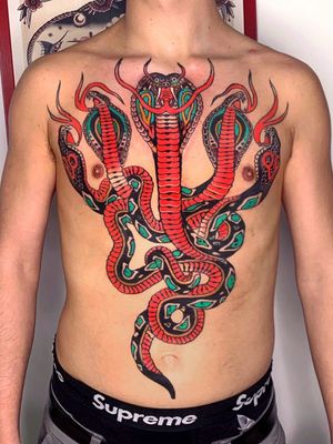 Torso tattoo by Pablo Lillo #PabloLillo #torsotattoos #torso #bigtattoo #bigtattoos #bodysuit #snake #reptile #traditional #color #animal #stomachtattoo #backtattoo