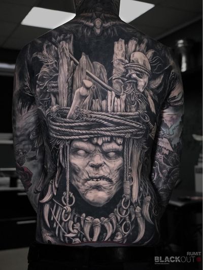 Bodysuit by Timur Rumit #TimurRumit #torsotattoos #torso #bigtattoo #bigtattoos #bodysuit #darkart #blackandgrey #horror #backtattoo