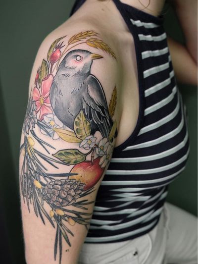 Neo traditional tattoo by Mathilde Hanmeister #MathildeHanmeister #BerlinInkTattooing #BerlinInk #Berlin #BerlinGermany #tattoostudio #tattooshop #bird #apple #nature #flower #floral #feathers #wings