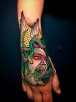 Hand tattoo by Leonardo Branco #LeonardoBranco #BerlinInkTattooing #BerlinInk #Berlin #BerlinGermany #tattoostudio #tattooshop #neotraditional #artnouveau #medusa #snakes #handtattoo