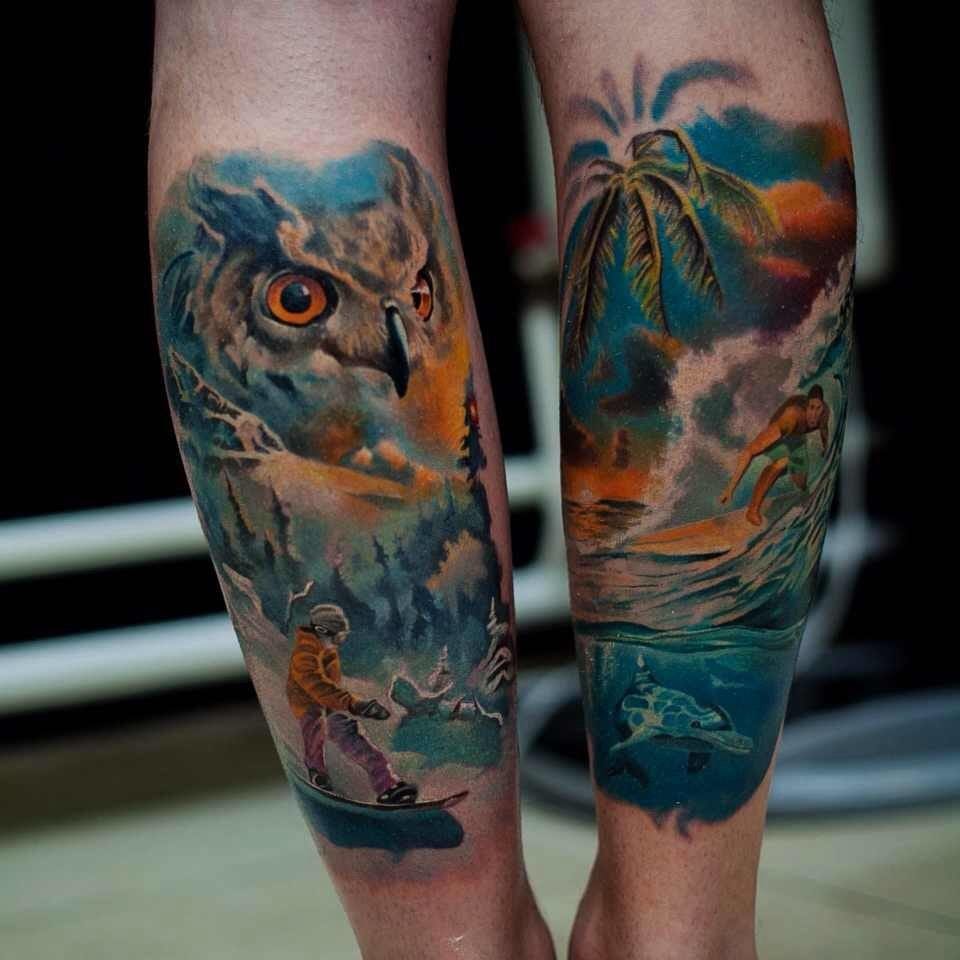 Are you more a snow sport person or a beach side lover? Amazing pair of tattoos by Evgeny Tokmakov.