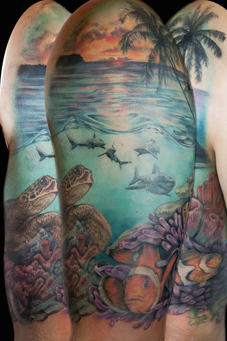 Paradisiacal island and underwater view tattoo