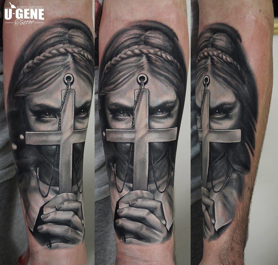 You can brandish your cross tattoos against demons... Fantastic piece by U-Gene! #cross #crosstattoo #demons #ugene