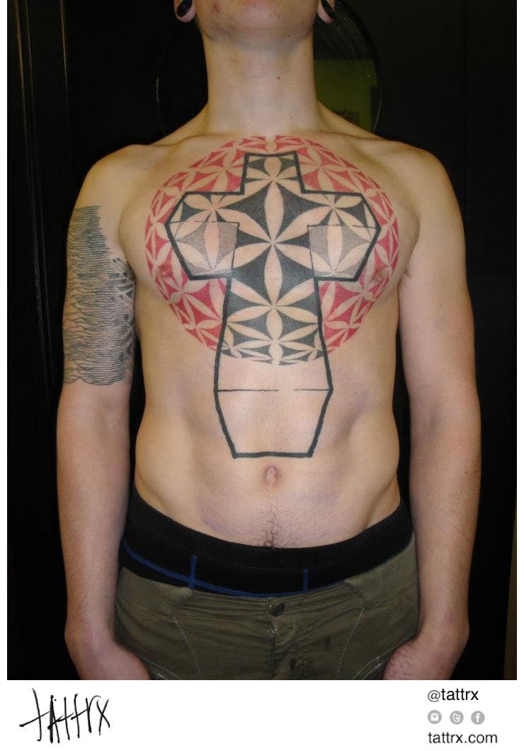 Awesome sacred geometry chestpiece with a flower of life pattern by Ferank Manseed #flower #flowerpattern #cross #crosstattoo #ferankmanseed
