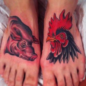The Pig and Rooster Tattoo, artist unknown