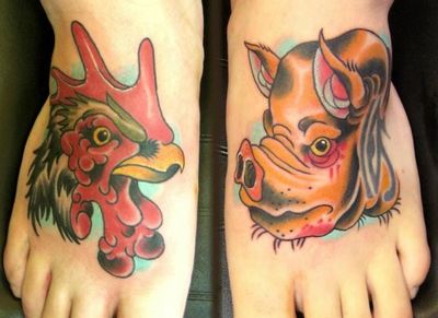New School Pig Rooster Tattoo by S13 Tattoo