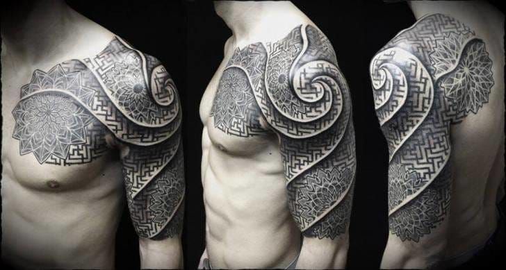 beautiful dotwork tattoo streching from chest, shoulder to arm. By Ivan Hack #dotwork #mandala #geometry #geometric