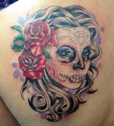 41 Amazing Sugar Skull Tattoos To Celebrate Día De Los Muertos  Skull  thigh tattoos Sugar skull tattoos Flower thigh tattoos