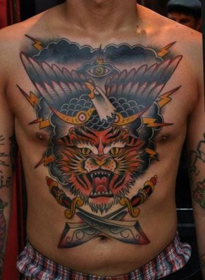 Tiger, Flame, Eagle, Sword Tattoo by Hand Made Tattoo