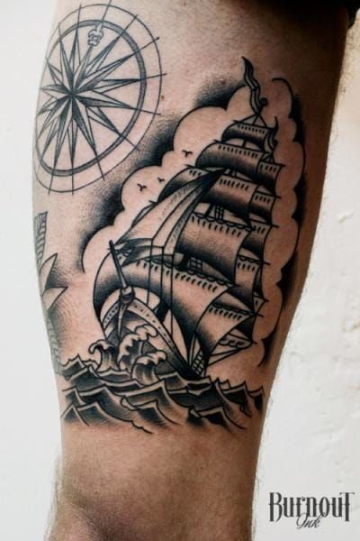 Traditional Ship Tattoo by Burnout Ink