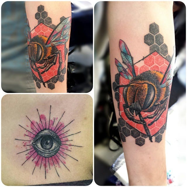 Indeed, honeycomb pattern is perfect as background for bee tattoos. By Tin Machado. #tinmachado #patterns #pattern #patterntattoo #patterntattoos