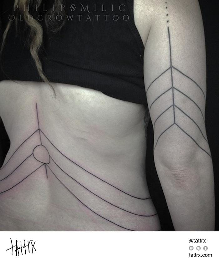 The meaning of these line tattoos by Philip Milic is deeper than you'd think as the ink was mixed with ashes of a loved one. #Minimal #LineTattoo #BlackLine