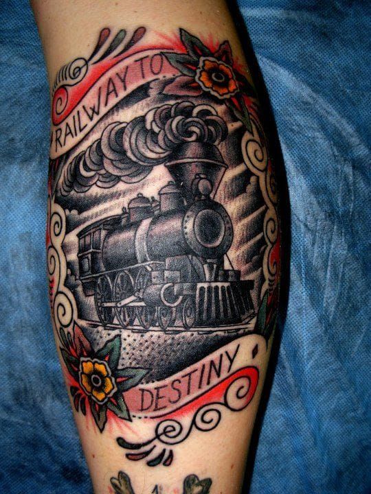 Fine line train tattoo on the inner forearm