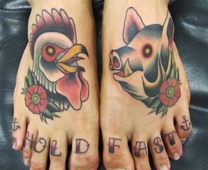 pig rooster tattoo by Front Line Tattoo