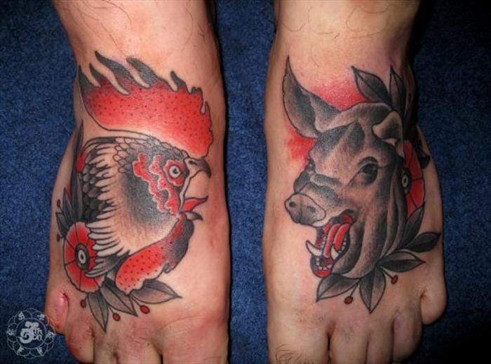 Foot Pig Rooster Tattoo by Pioneer Tattoo