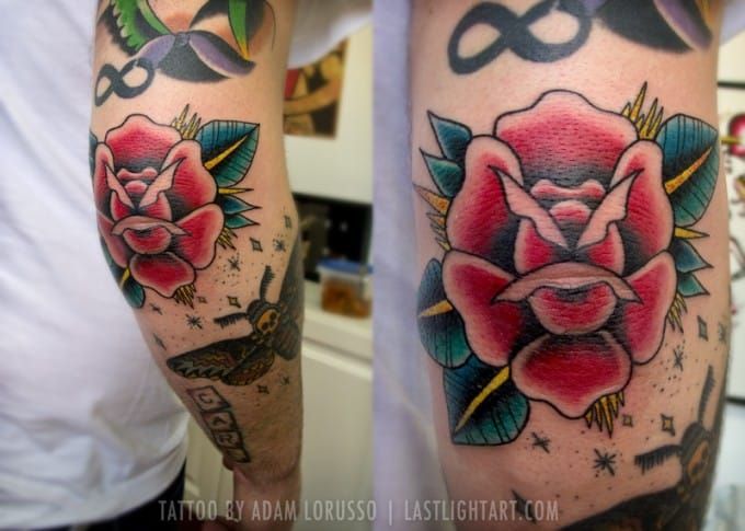 Black Traditional Old School Rose Elbow Tattoo  Rose elbow tattoo  Traditional rose tattoos Elbow tattoos