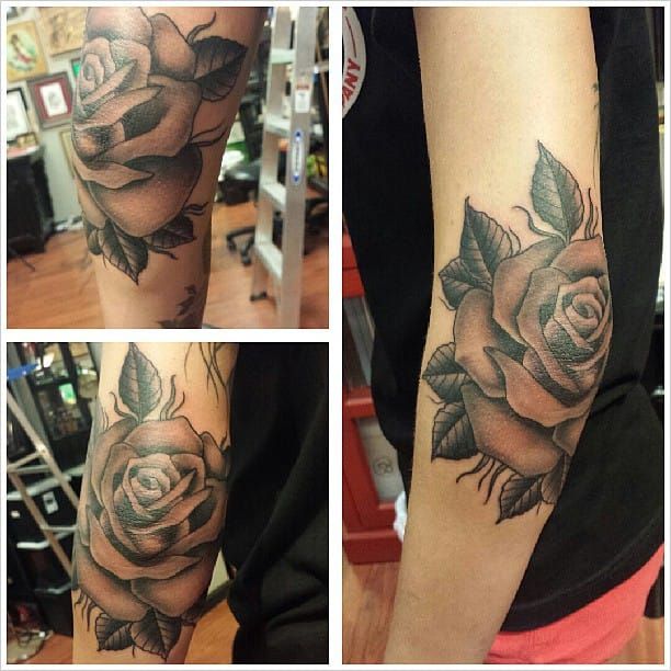Black Traditional Old School Rose Elbow Tattoo  Rose elbow tattoo  Traditional rose tattoos Elbow tattoos