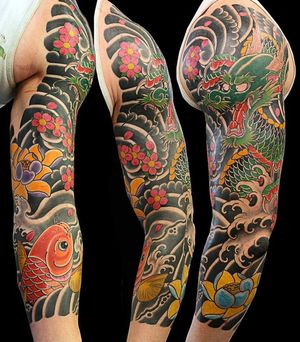 Dragon, Koi And Flowers, Artist Unknown