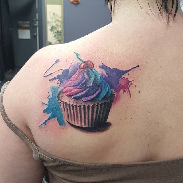 Green And Pink Sugar Skull Cupcake Tattoos Design