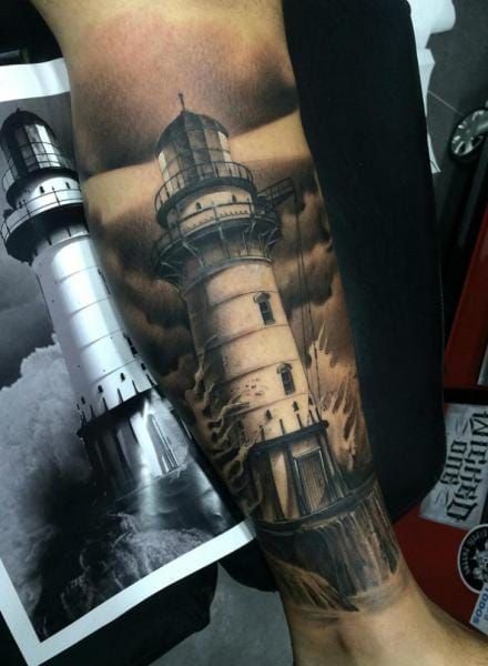 75 Black And White Tattoos For Men  Masculine Ink Designs  White tattoo Dark  tattoos for men Lighthouse tattoo
