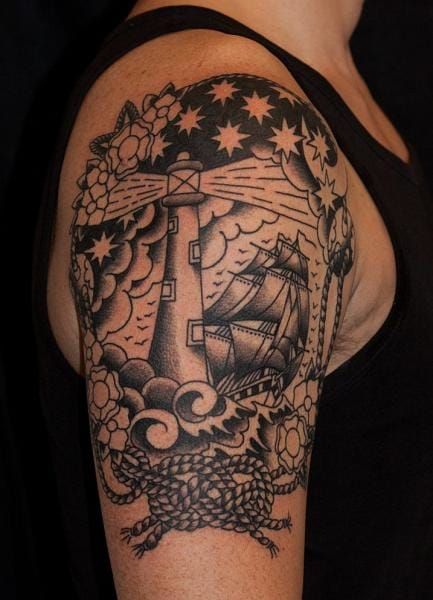 Lighthouse Ship Tattoo by The Sailors Grave