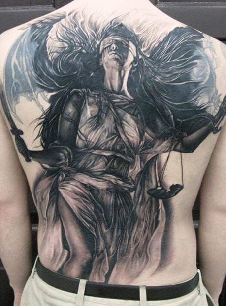 Realistic lady Justice tattoo made by John Hudic in London  Black and grey  tattoo portrait  Tatuaje de la justicia Dama de la justicia Tatuaje de  horus