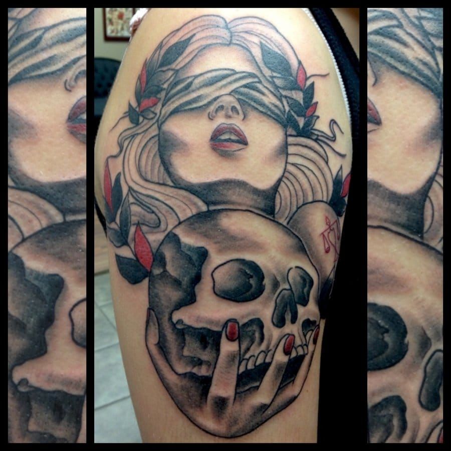 Lady Justice Tattoo with a skull