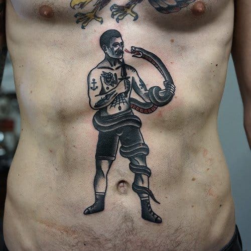 Old School Snake and Man Tattoo by Philip Yarnell