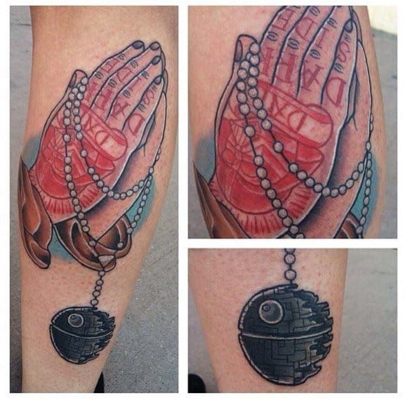 Love this Star Wars inspired praying hands tattoo. Art by Last Angels Tattoo #prayinghandstattoo #prayinghands #lastangels