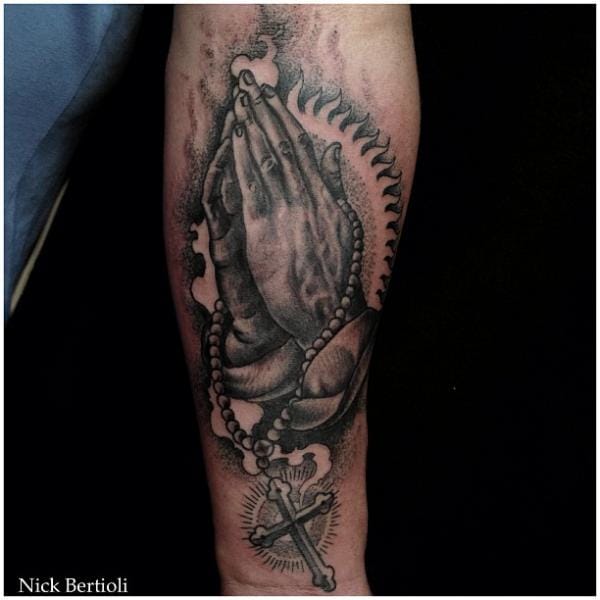 Great black and grey by Nick Bertioli #prayinghandstattoo #prayinghands #nickbertioli