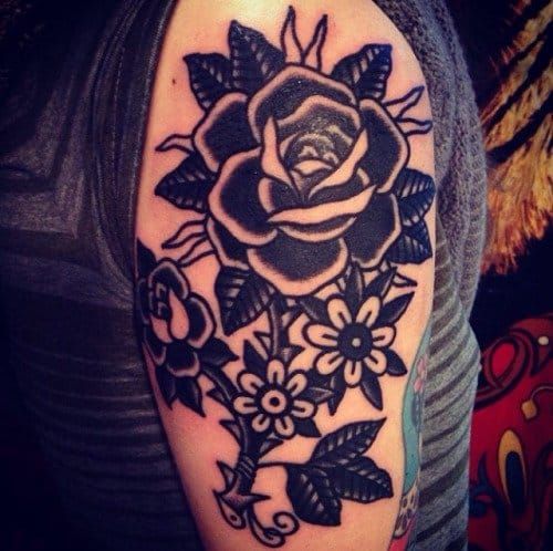 traditional rose tattoo black and white