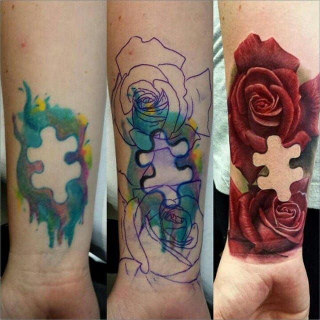 Bad watercolor, but want to keep the negative space puzzle piece? Let's Aaron Reed turn that into a gorgeous rose wrist piece...