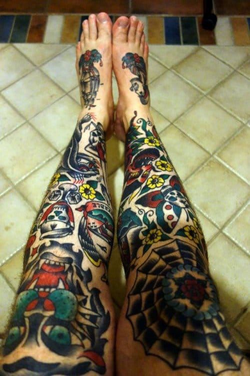 Leg Tattoos including work by Shon Lindauer and Thomas Morgan