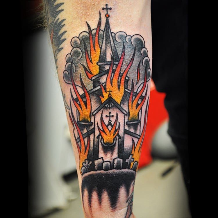 Finished tattooing this custom design for @yoz_stu. This burning church  came out beautifully🔥Thank you so much for trusting me with th... |  Instagram