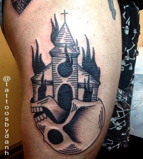 Burning church tattoo by Andre Castcovil - Tattoogrid.net
