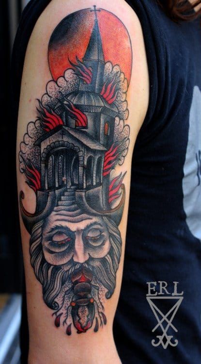 Burning Church Tattoo by Simon Erl