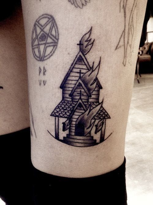 Burning Church Tattoo, unknown artist