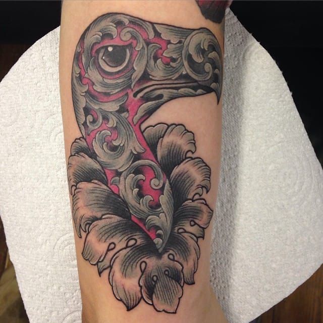 Baroque style surrealist anatomical heart tattoo on the