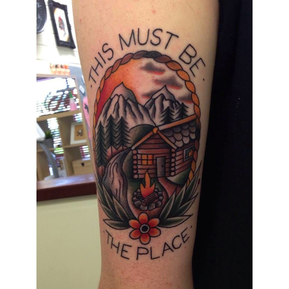 Black Sheep Tattoos  Little log cabin and landscape for Andrea to  represent her and Adam buying their first home together   Facebook