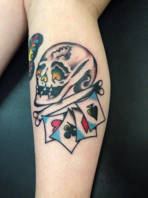Old School Skull Cards Tattoo by Josh Adams