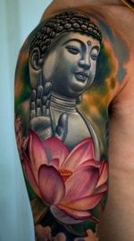 Love the soft colors in this Buddha tattoo by Nikko Hurtado. #buddha #nikkohurtado