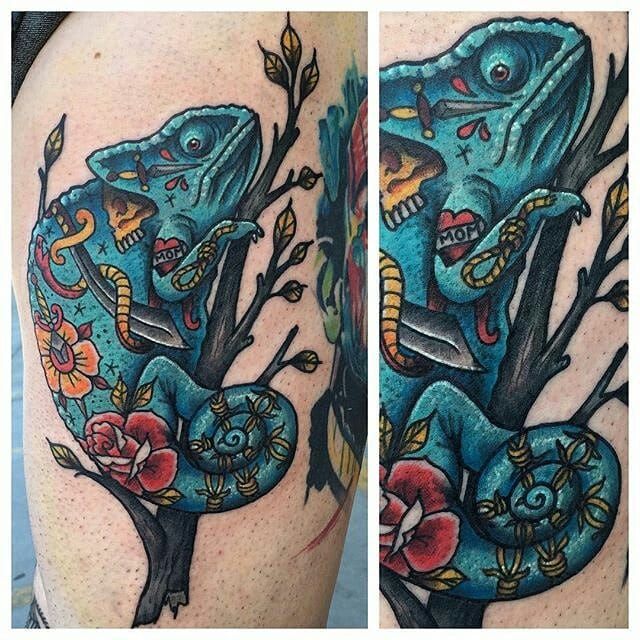Chameleon traveler tattoo by Sasha Tattooing  Tattoogridnet