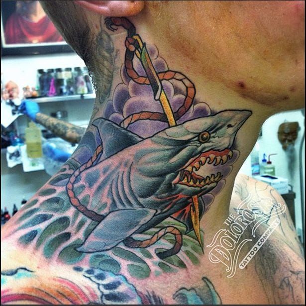 VALLEKAS TATTOO ZONE  shark sharktattoo inked colorink  traditionaltattoofish necktattoos necktattoo mentattooed sharkattack   Facebook