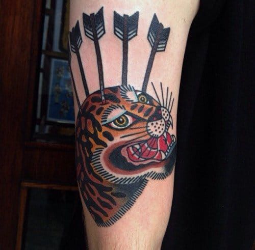 Traditional style leopard portrait tattoo on the inner
