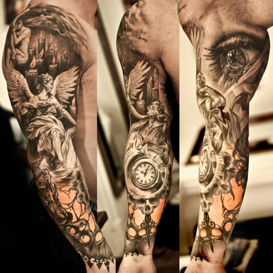 Black and Grey with some Color  Black and grey sleeve Colour tattoo Black  and grey