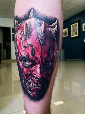 Maul without the hood on, showing off his horns. This calf piece looks so sick, especially with the tattooers use of white on the face and teeth!