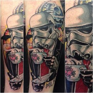 This neo-traditional take on this Storm Trooper wearing a tie is really sick! Check out the detail on the cup and the Deathstar in the background!