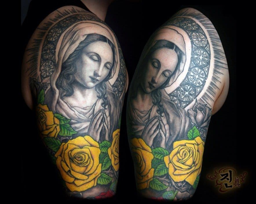 Virgin Mary tattoo made polishedtattooing polishedtattooing  virginmarytattoo traditionaltattoos sanjose  Traditional tattoo Mother  mary tattoos Mary tattoo